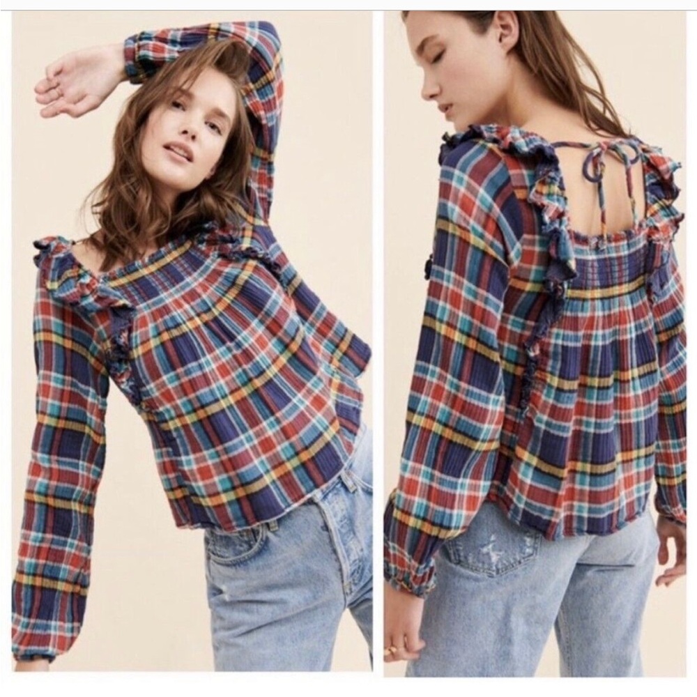 Free People Siena Navy Blue Combo Plaid Pullover Top Women's Small